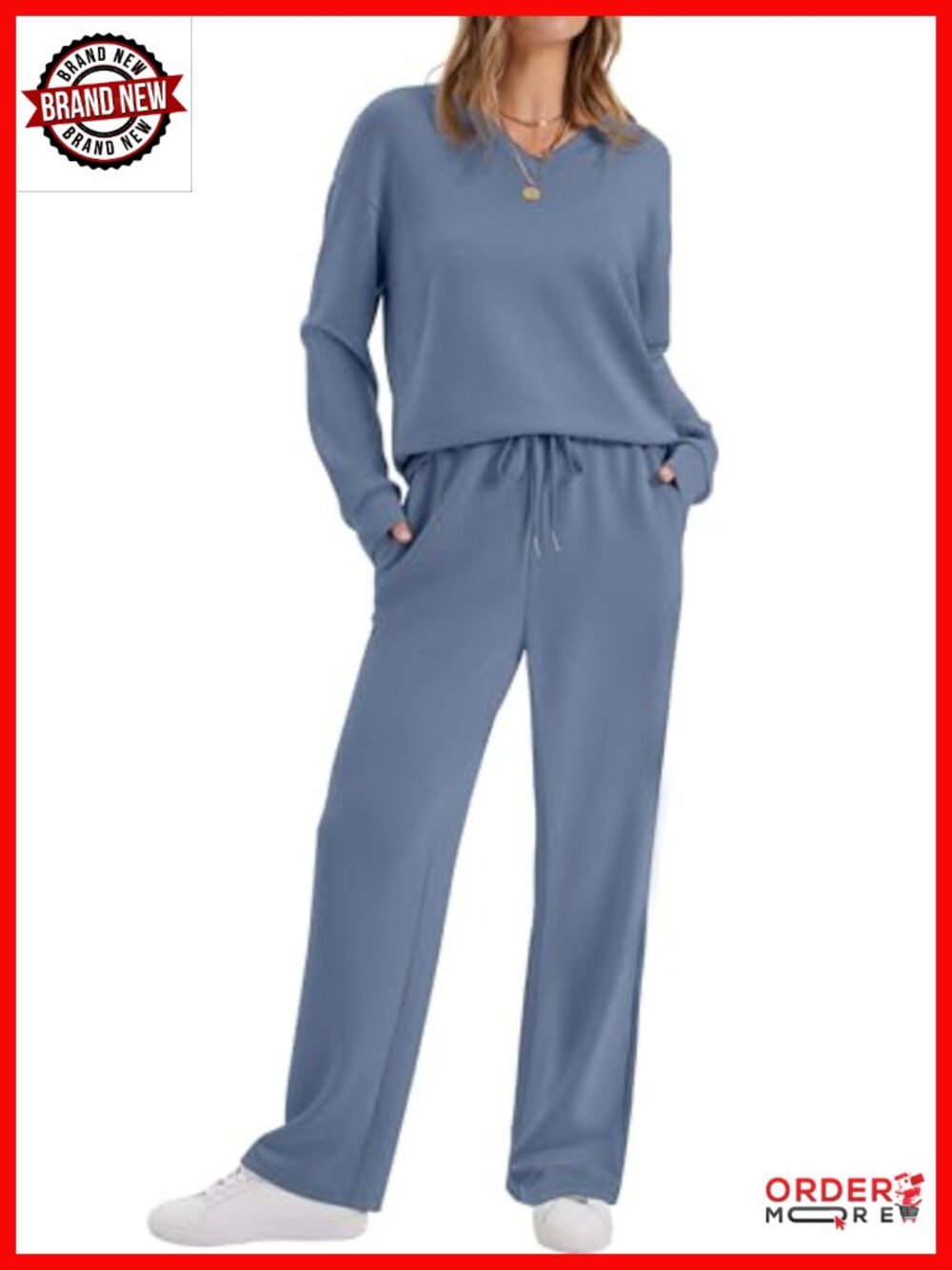 Women's 2 Piece Lounge Set Sweatsuit Wide Leg Pants V-Neck Pullover